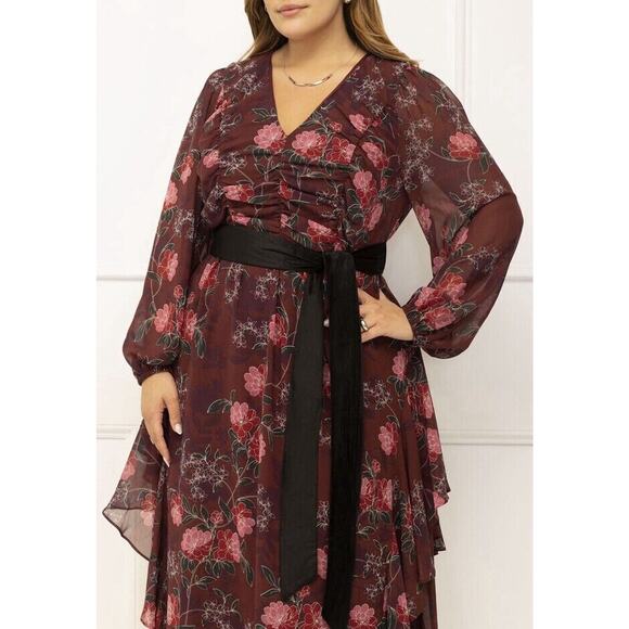 ELOQUII Dress Floral Sheer Sleeved Midi Shirtdress Ruffle Plus Size 16 Modest - Picture 1 of 7